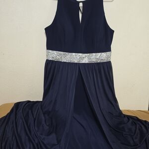 R&M Richards Navy Blue Prom Dress with Silver Embellished Waist